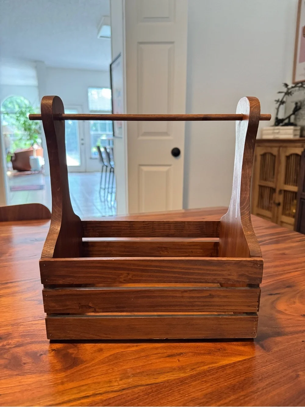 Vintage Wood Handle Slat Basket Midcentury Hand Painted Storage
